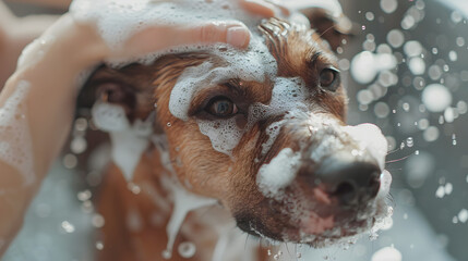 Wall Mural - Closeup of hands washing a dog with shampoo. bubbles and water droplets on its face. white background. in a bathroom setting 