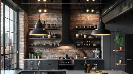 Wall Mural - Create an image of a hanging pendant lamp with an industrial design, featuring metal and glass elements, perfect for a modern kitchen.