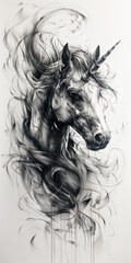 Naklejka na meble A striking black and white image featuring the smoke art illustration of a mythic unicorn's head