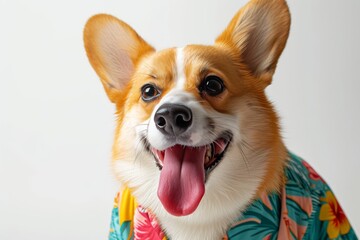 Corgi with a Hawaiian Shirt and a Tongue Out: A Corgi wearing a Hawaiian shirt, with its tongue playfully sticking out, evoking a carefree and fun-loving vibe. photo on white isolated background