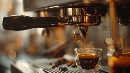 Poster - Create an image of an elegant espresso machine in action, pulling a rich, dark shot of espresso into a small cup, highlighting the art of espresso making.