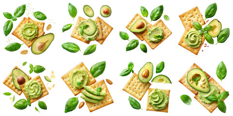 Poster - Set of Crackers With Avocado Basil Spread isolated on transparent png background. Generative ai