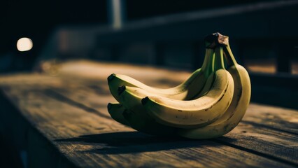 A bunch of bananas are sitting on a wooden bench, AI