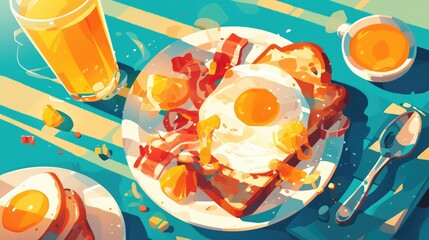 Wall Mural - A delicious stock 2d featuring a classic breakfast plate of fried eggs crispy bacon toast and a refreshing glass of orange juice