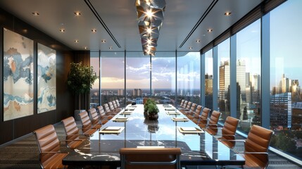 Poster - Design a picture of an elegant boardroom with a long table, leather chairs, and a cityscape view from large windows, symbolizing corporate leadership.