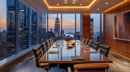 Wall Mural - Design a picture of an elegant boardroom with a long table, leather chairs, and a cityscape view from large windows, symbolizing corporate leadership.