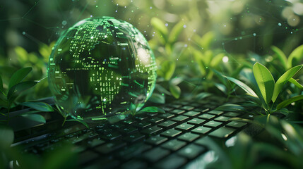 A digital globe with binary code textures illuminates a keyboard set against a backdrop of lush green foliage