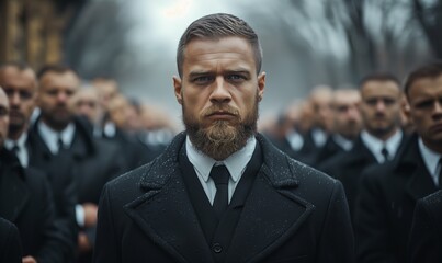 Wall Mural - Mature bearded man wearing a black suit among the crowd of men and tie during funeral service