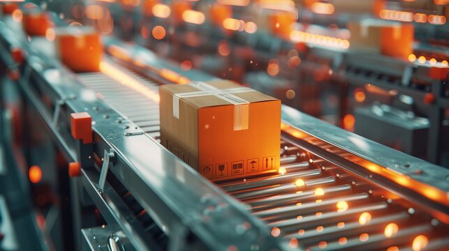 Closeup of multiple cardboard box packages seamlessly moving along a conveyor belt in a warehouse fulfillment center, a snapshot of e-commerce, delivery, automation, and products 