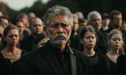 Wall Mural - Portrait of a senior man in a black suit in a cemetery at a funeral ceremony among a crowd of people on a background