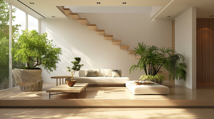 modern eco friendly home interior design with furniture and plants 