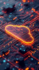 Poster - Neon orange cloud icon on a circuit board, futuristic technology. Cloud computing and data storage concept