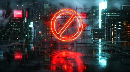 Neon prohibition sign on rainy rooftop in cyberpunk city, futuristic urban concept