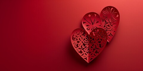 Wall Mural - Valentine's Day animation with two paper cutout hearts featuring intricate patterns on a red background for romantic greeting cards