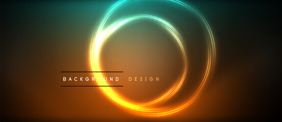 Aufkleber - Neon glowing circle rays, light round lines in the dark, planet style neon wave lines. Energetic electric concept design for wallpaper, banner, background