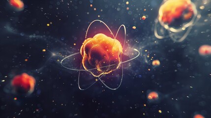 Illustrate a concept of atomic decay, with a radioactive atom losing particles and transforming into a different element.