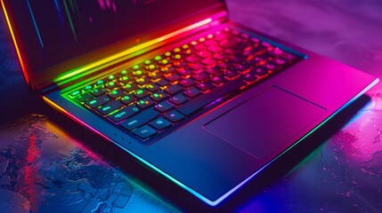 Canvas Print - Illustrate a gaming laptop with colorful LED lights and gaming peripherals, showcasing the excitement and immersion of online gaming.