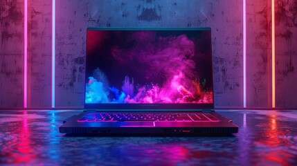 Canvas Print - Illustrate a gaming laptop with colorful LED lights and gaming peripherals, showcasing the excitement and immersion of online gaming.