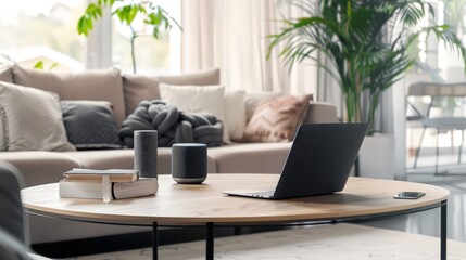 Sticker - Illustrate a laptop on a coffee table in a stylish living room, with a smart home assistant nearby, emphasizing the integration of technology in everyday life.