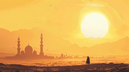 Poster - Illustrate a serene desert landscape at dawn with a lone figure making their way to the mosque, symbolizing the journey of faith.