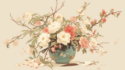 Wall Mural - A charming spring bloom graces a quaint pot showcasing delicate roses or almond blossoms a lovely addition to any home decor