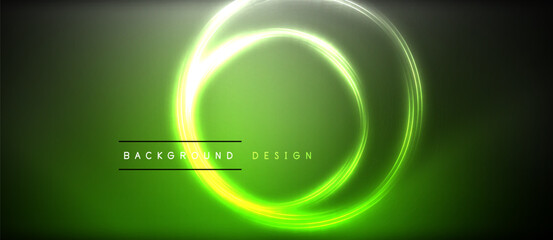 Poster - Neon glowing circle rays, light round lines in the dark, planet style neon wave lines. Energetic electric concept design for wallpaper, banner, background