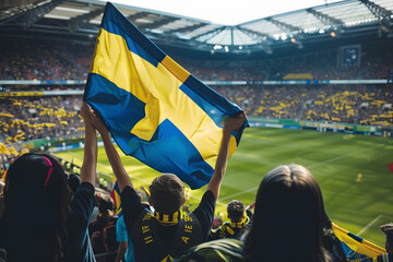 Fans waving the flag of Sweden at a football match, with the stadium crowd in the background