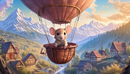 Wall Mural - Mouse in a hot air balloon 