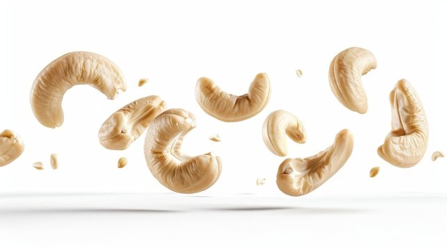cashew nuts falling on white background isolated food photography
