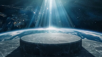 Round podium floating in space with Earth, glowing sun behind it, set against a blue background with dark sky. Realistic and cinematic, science fiction style.
