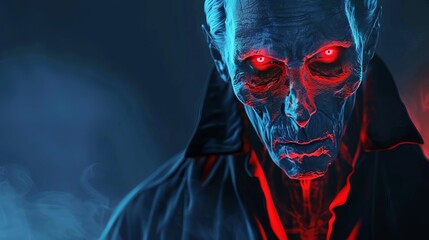 Digital art of an eerie male zombie with glowing red eyes in a dark background. Concept of horror, undead, Halloween, sinister