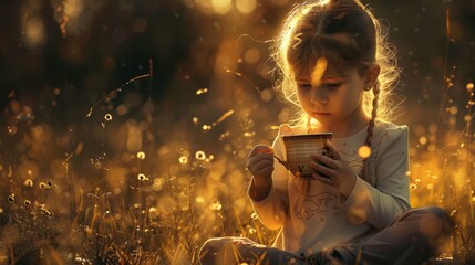 Poster - A little girl sitting in a field holding a book