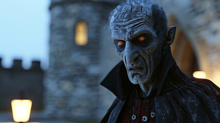 Scary blue monster with red glowing eyes in a medieval castle. Concept of horror creature, nightmare, creepy character, dark fantasy. Halloween