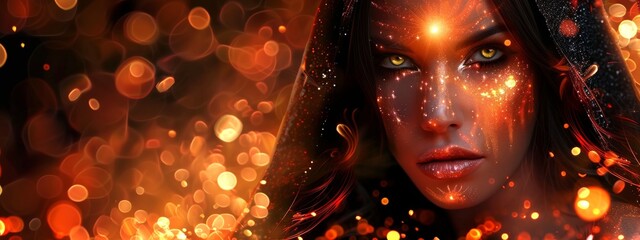 Wall Mural - Young beautiful witch with glowing magical makeup. Enchanting and mystical atmosphere. Concept of fantasy, magic, beauty, enchantment, Halloween. Copy space