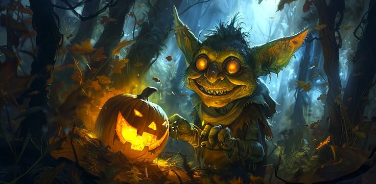 Goblin with Glowing Pumpkin in an Enchanted Forest. Concept of Halloween, fantasy creature, magical setting, eerie atmosphere