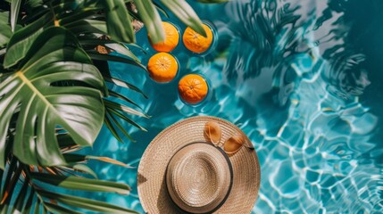 Sticker - A straw hat sitting on top of a pool next to oranges