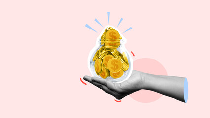 Wall Mural - A human hand showing dollar golden coins in the jar