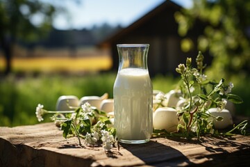 Wall Mural - A bottle of fresh milk in a sunny summer farm meadow nature and mockup eco food da, generative IA