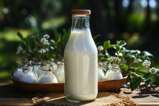 A bottle of fresh milk in a sunny summer farm meadow nature and mockup eco food da, generative IA