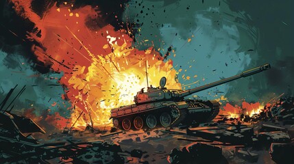 Wall Mural - dramatic scene of military tank exploding on wartorn battlefield intense combat action illustration
