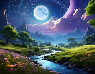 Canvas Print - A breathtaking digital illustration of a fantasy landscape with a river under a moonlit sky