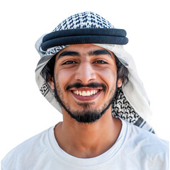 Wall Mural - Happy smiling Saudi man posing for headshot face front close up portrait, isolated on transparent background