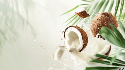 flying pieces coconut white color exotic levitation concept cosmetics spa perfume health care products aroma background copy space piece splash oil food healthy fresh fruit collect