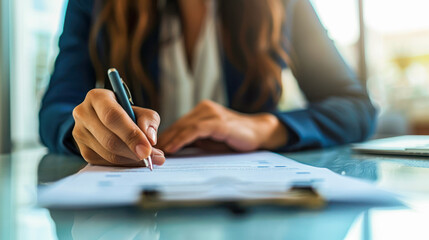 Businesswoman signs documents with a pen. Woman reading and signing contract. Deal. Lawyer, executive manager filling out paper business document, signing contract, partnership agreement, Close up