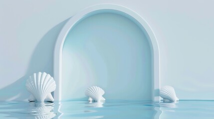 Poster - An abstract podium mockup in the form of a pedestal with a platform for displaying the product. Sea theme with caustics. 3D rendering.