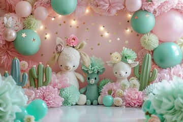 Wall Mural - A pink and green themed birthday party with a pink and green backdrop