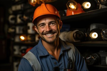 Poster - Young man smiling uniform builder with safety helmet holding oil paint and paint r, generative IA