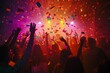 © K'kriang Krai - crowd having fun at a nightclub partying with raised hands dancing and celebrating in the club with confetti.