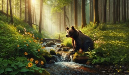 Canvas Print - Brown bear 11 sits in the forest near the river in the summer morning