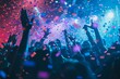 © K'kriang Krai - crowd having fun at a nightclub partying with raised hands dancing and celebrating in the club with confetti.